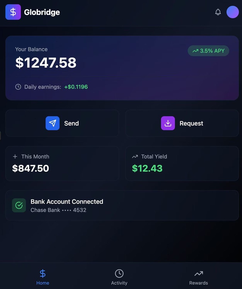 Globridge home screen showing balance, actions, and yield.